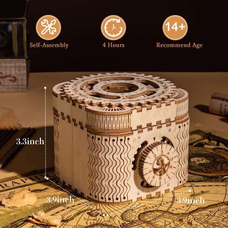 Rowood 3D Puzzles for Adults, Wooden Mechanical Gear Model Kits for Age 14+ - Treasure Box - Image 2